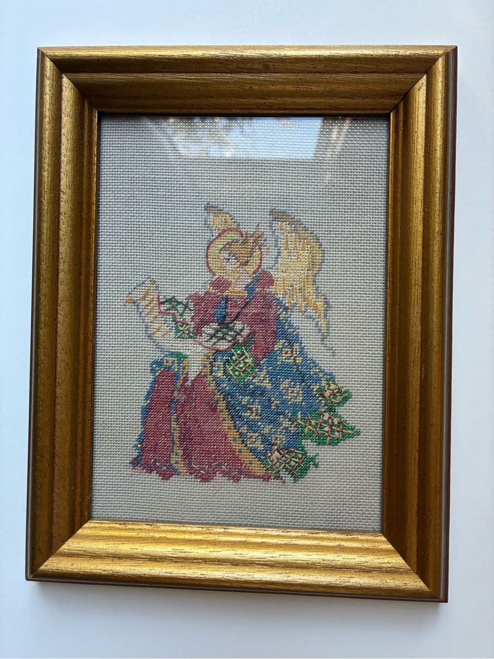 Vintage Needlepoint Tapestry Framed Angel Handmade Holiday Decor